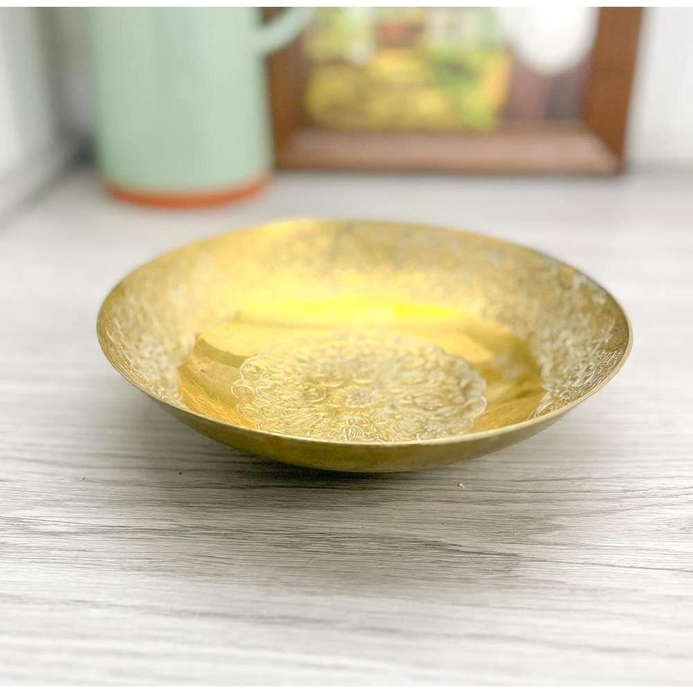 Vintage Etched Brass Bowl: Floral Trinket Dish, Mid-Century Decor